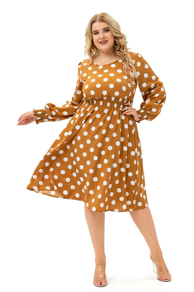 Plus Size Casual Yellow Polka Dot Print Round Neck Long Sleeve Tunic Midi Dress  flycurvy [product_label]