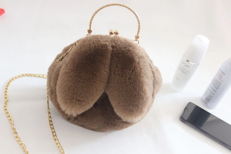 Women’s Plush Rabbit Solid Color Cute Round Lock Clasp Handbag Crossbody Bag