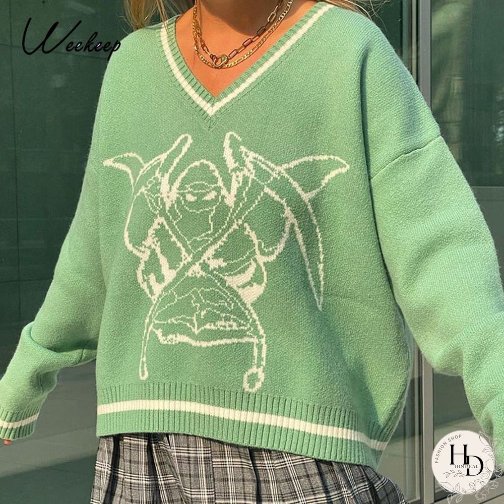Weekeep Y2K Chic Print Streetwear Oversized Sweater Women's Casual Autumn Winter Knitted Jumper Fashion Loose Knitwear Pullovers