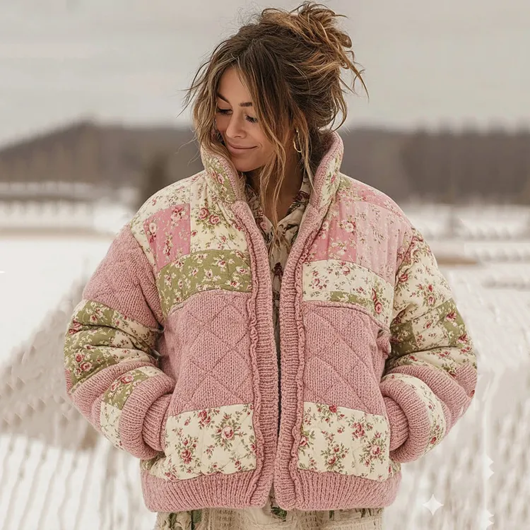 Women's Vintage Floral Patchwork Cozy Knit Sweater