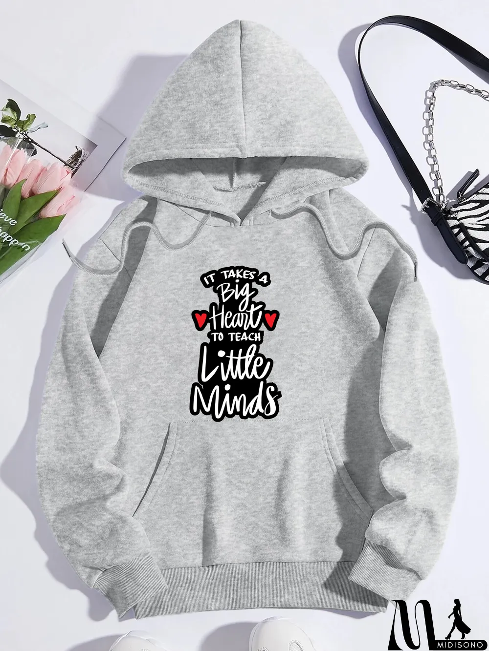 MidiSono - Printed on front Kangaroo Pocket Hoodie Long Sleeve for Women Pattern Big heart to teach