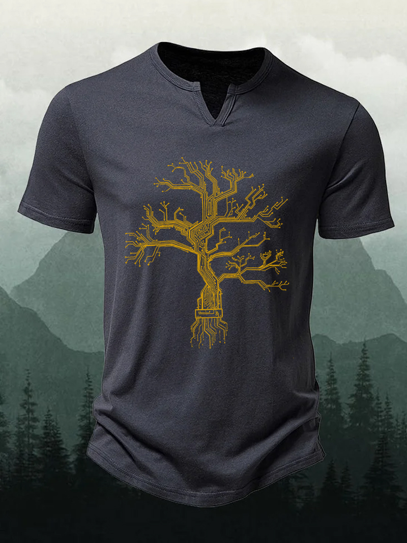 Men's Circuit Board Tree Print V-neck Short-Sleeve Shirt