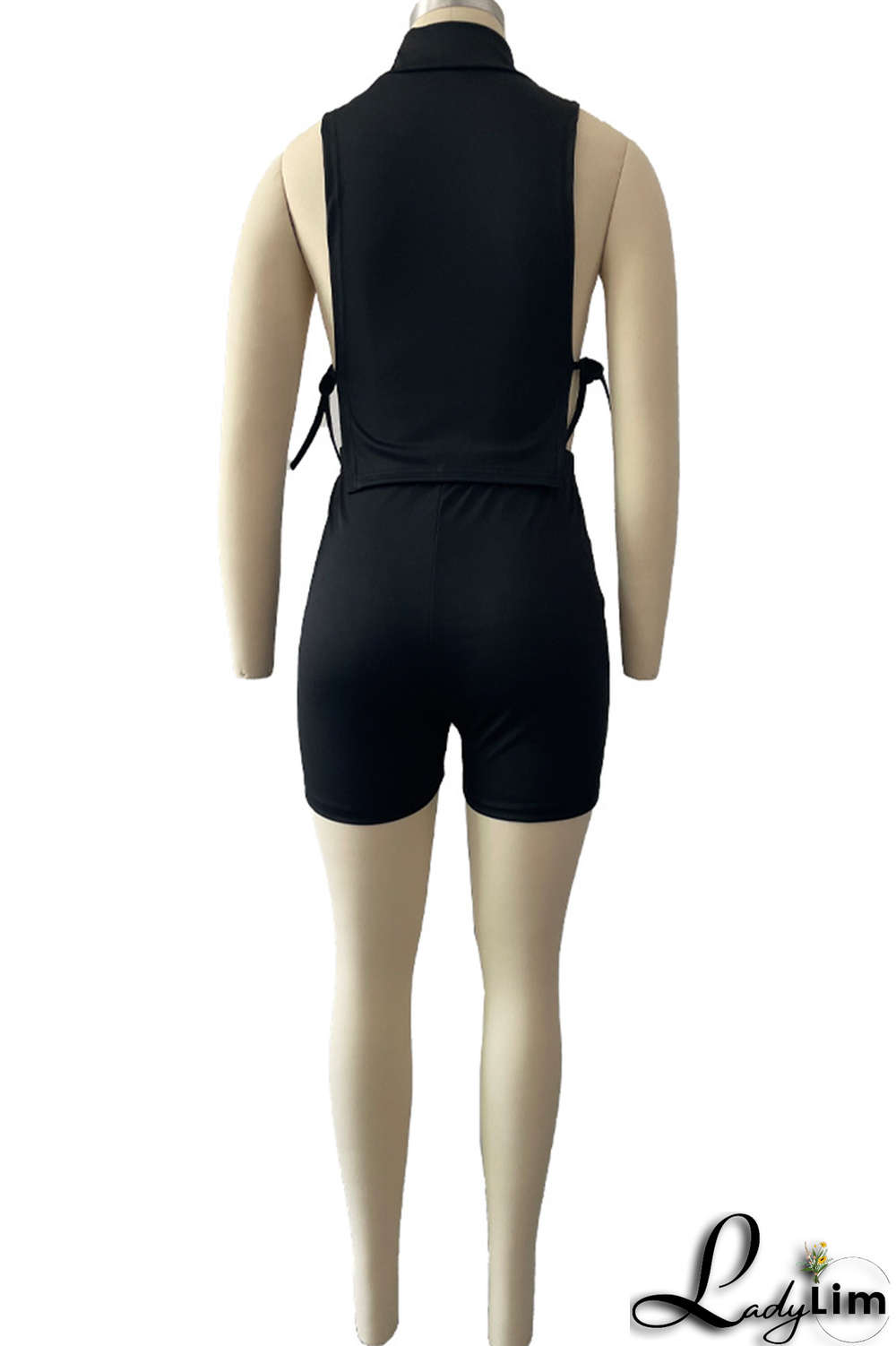 Black Fashion Print Split Joint Turtleneck Sleeveless Two Pieces