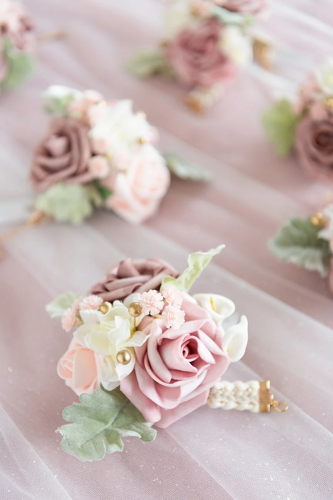 Wrist Corsages in Dusty Rose & Cream