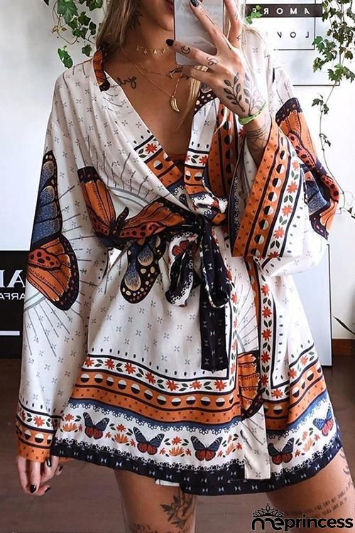 Print Bat Long Sleeve Bleted Mini Dress