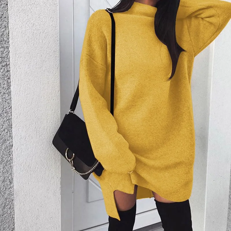 Casual Loose Solid Long Slevee Women's Split Dress 2021 Autumn Winter Fashion Turtleneck Elegant Lady Mid-length Dress Plus Size