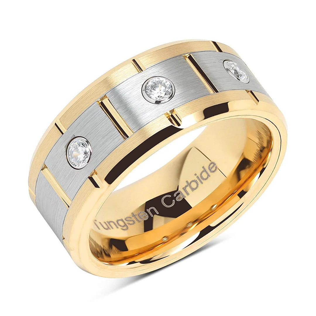 6MM 8MM Mens Women Tungsten Ring for Men Womens 14k Gold & Silver Center Brushed CZ Inlaid Grooved Couple
