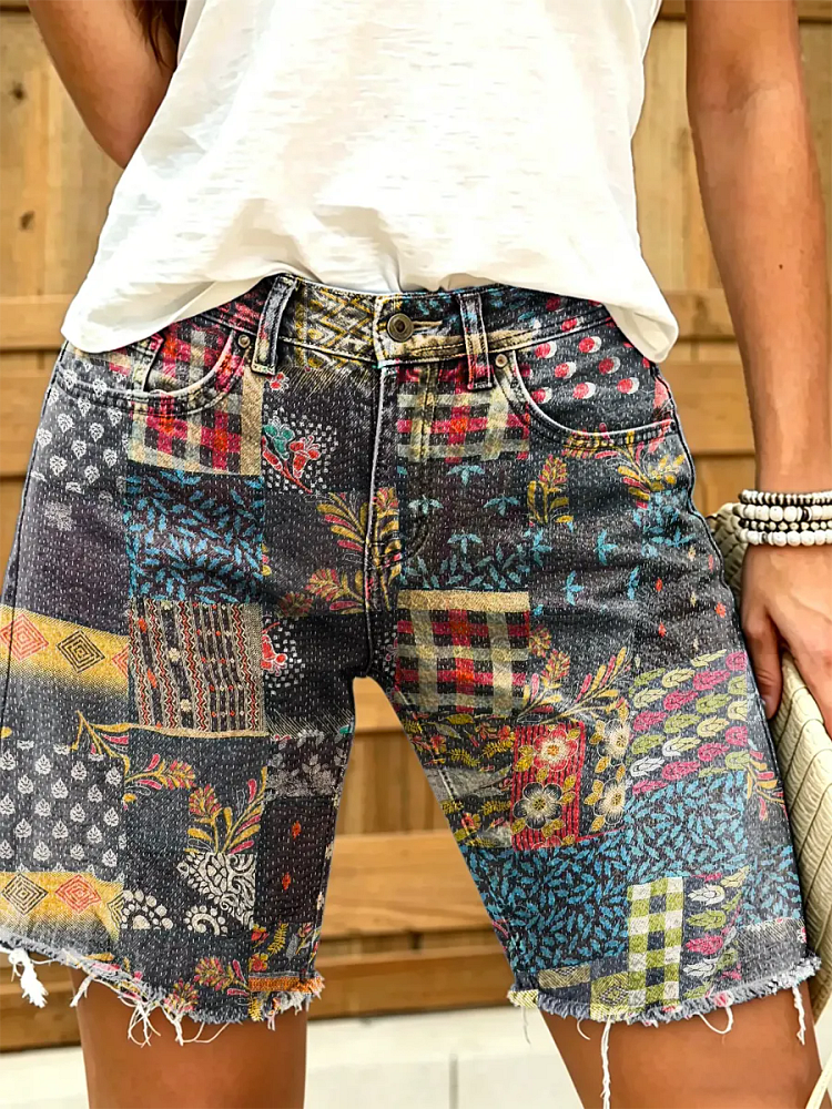 Women's Boho Floral Patchwork Print Denim Shorts