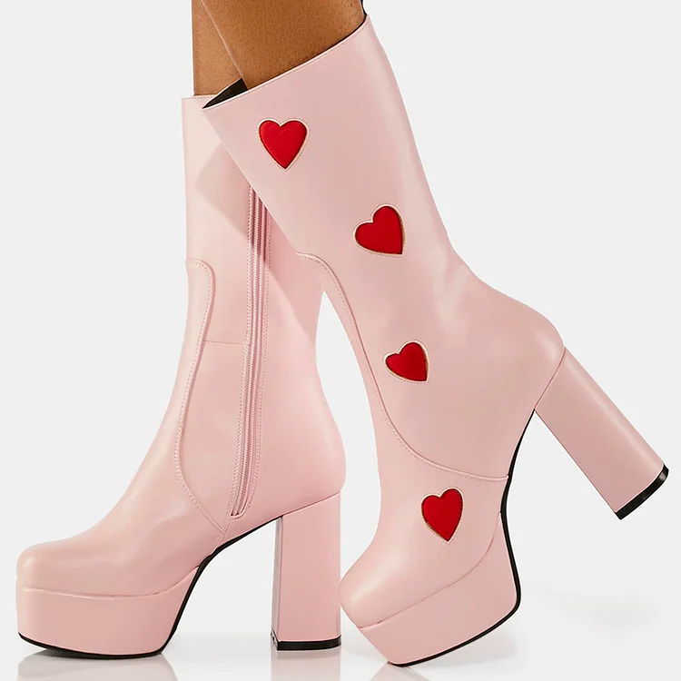 Pink Platform Mid Calf Boots Women's Square Toe Hearts Print Heels |FSJ Shoes