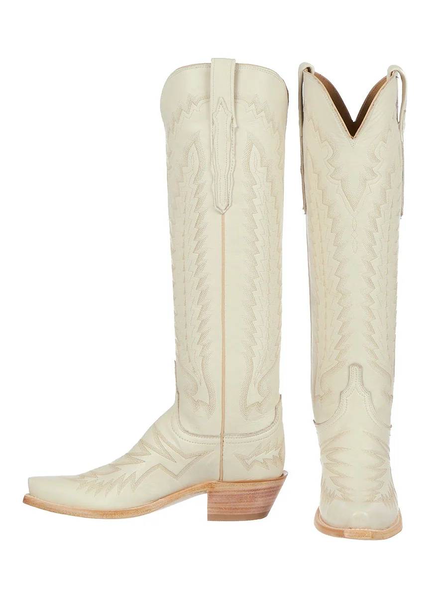 Ivory Snip Toe Embroidered Knee High Cowboy Boots with Chunky Heels