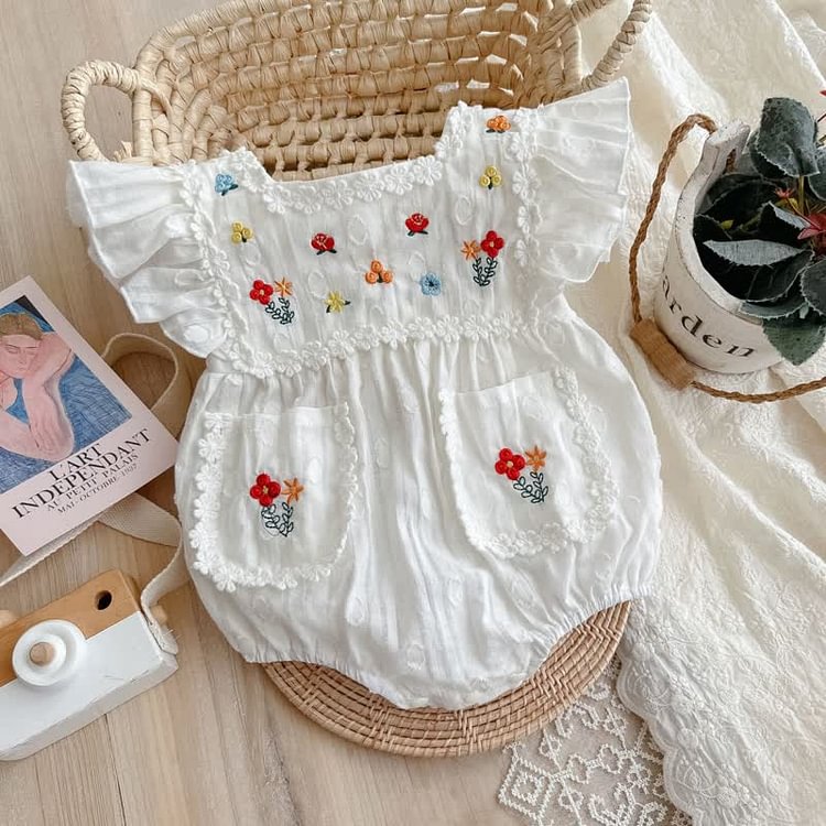 Baby Ruffled Embroidered Flower Vintage Bodysuit