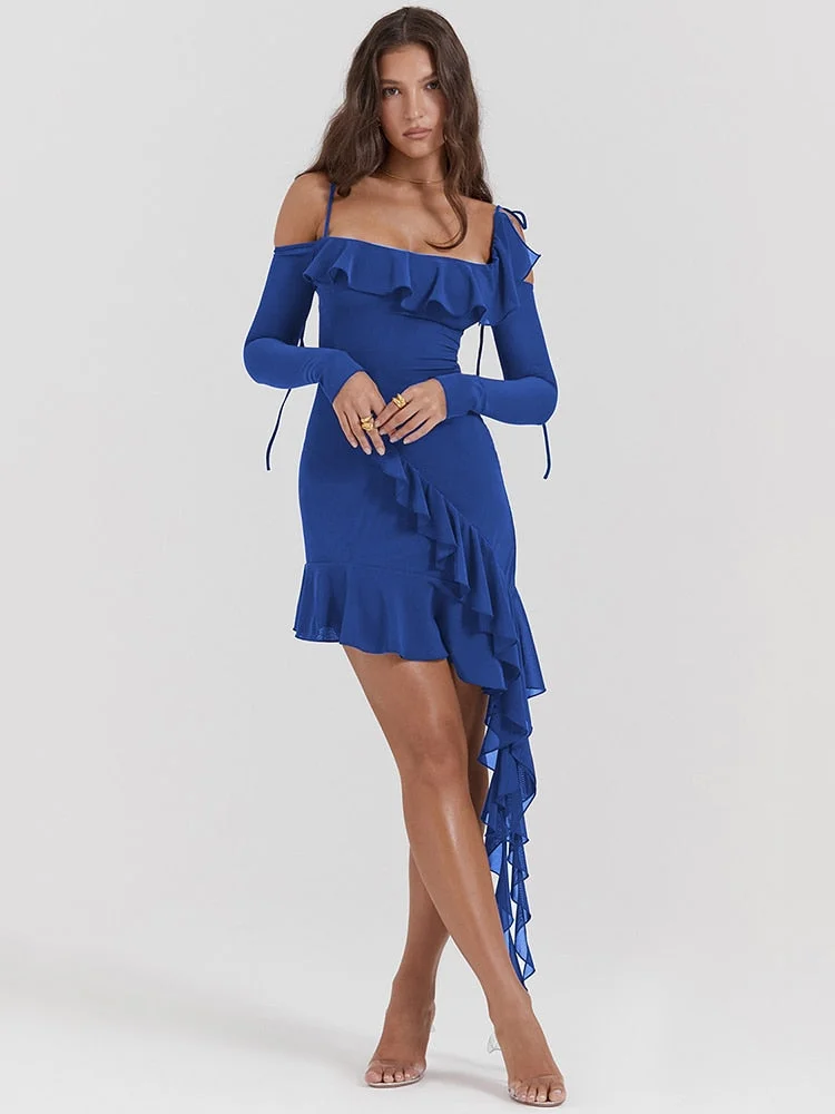 Toloer Long Sleeve Off-shoulder Ruffle Mini Dress-Outfit Ideas