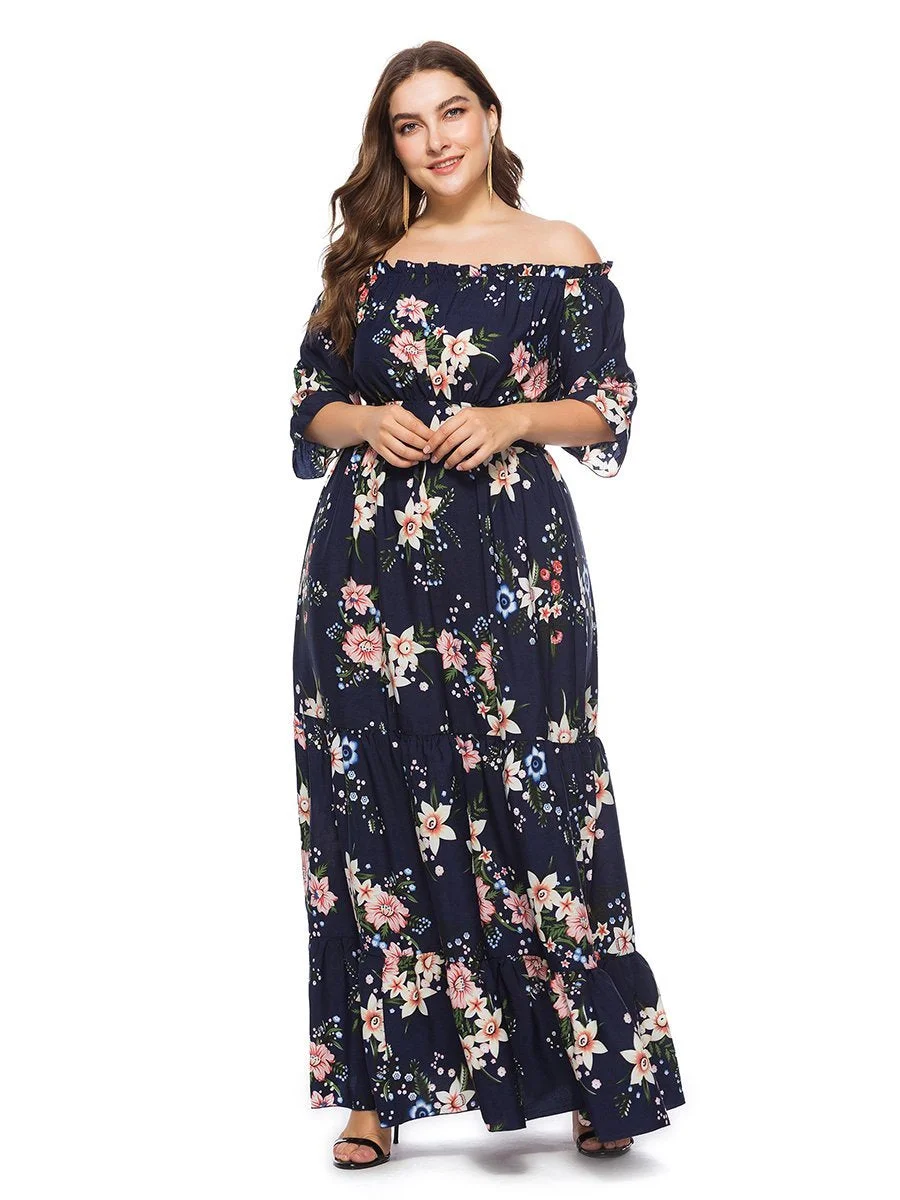 Plus Size Dress Floral Slash Neck Maxi long Dress