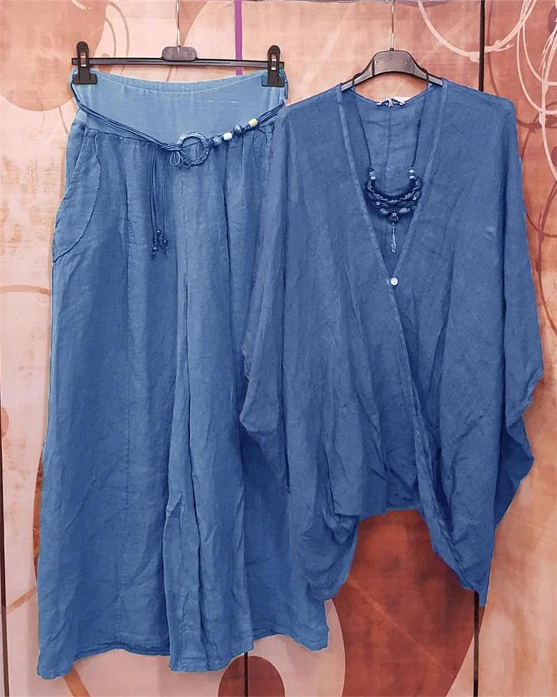 Comfortable Solid Color V Neck Two Piece Suit