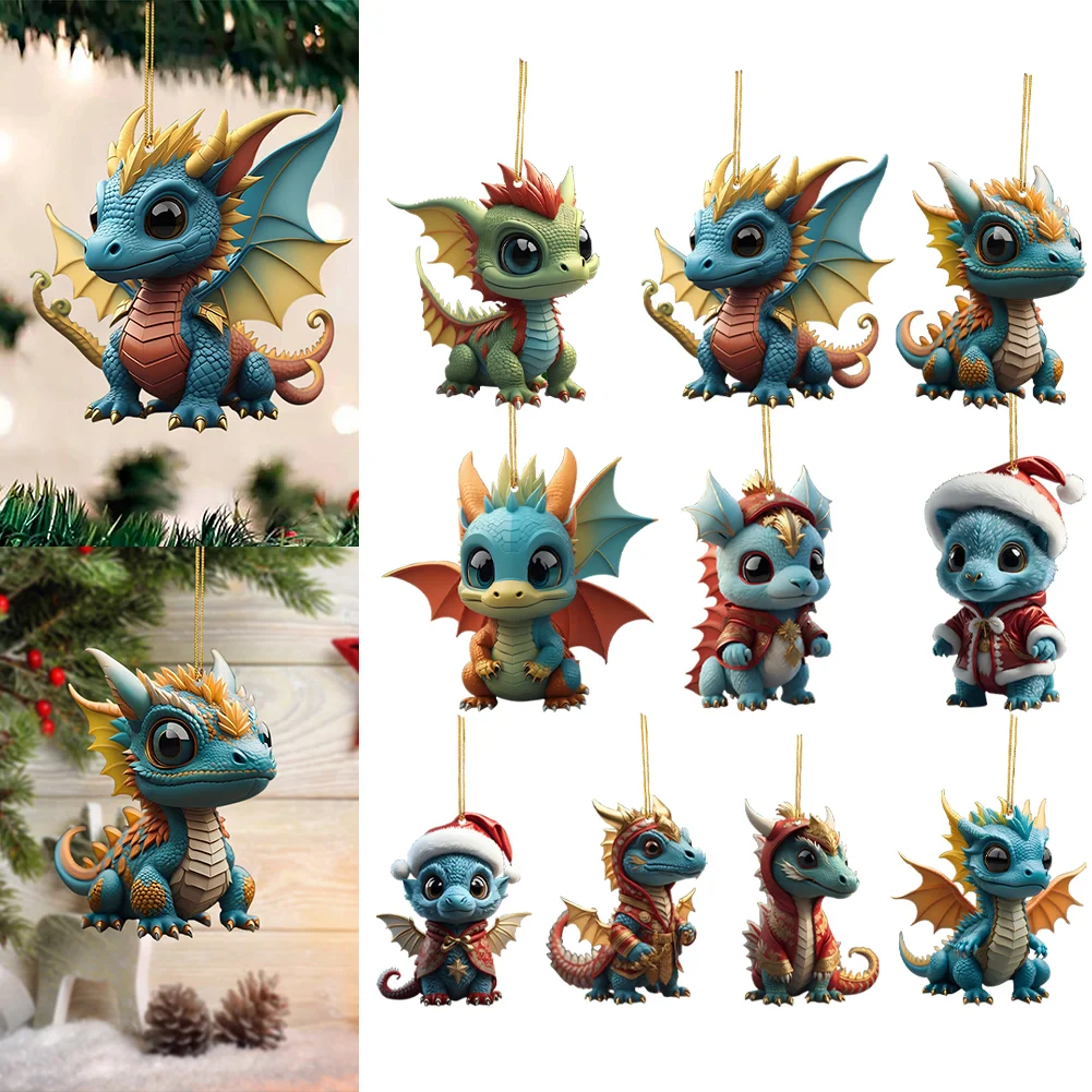 2D Christmas Baby Dragon Decor Cute 8cm Flat Acrylic Hanging Ornament Party Gift