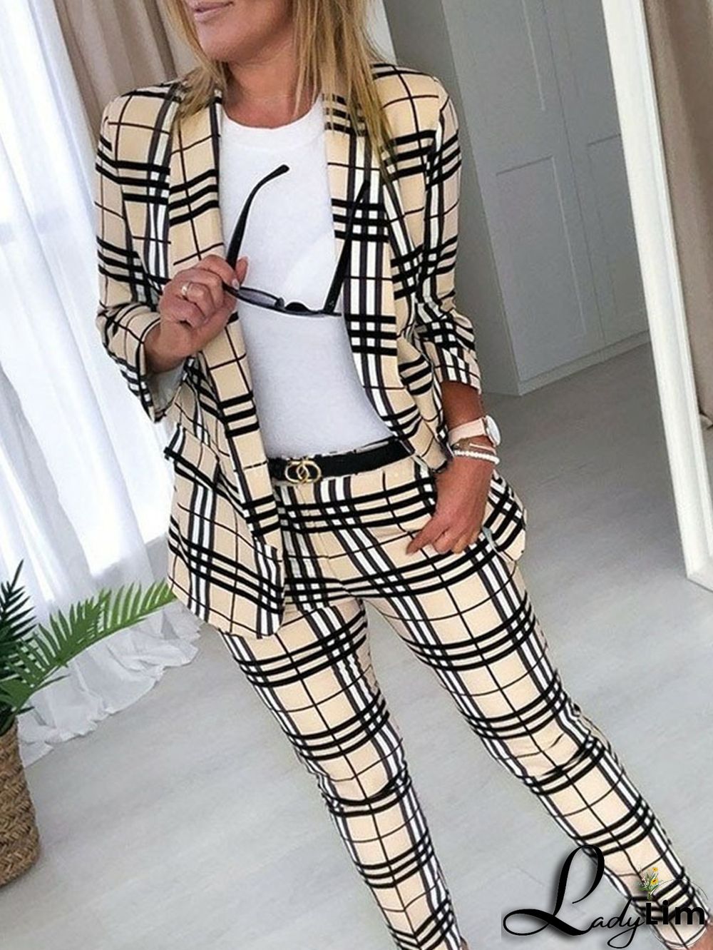 Casual Colorblock Allover Pattern Blazer & Pants 2 Pcs Set