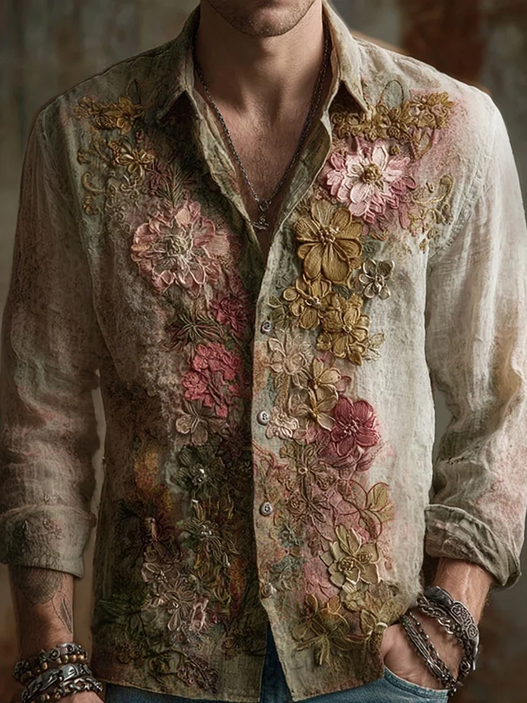 Vintage Floral Embroidered Gradient Cozy Linen Shirt
