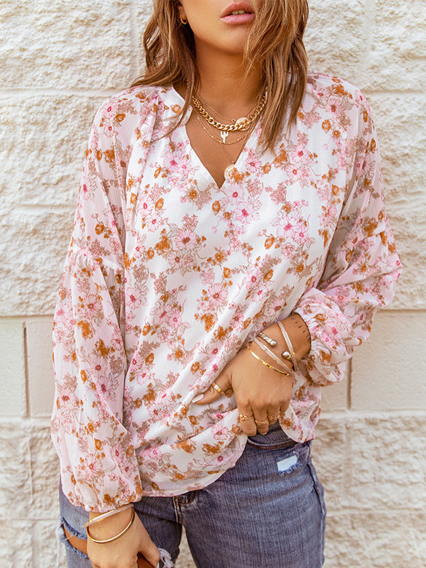 Women Long Sleeve V-neck Graphic Floral Printed Top