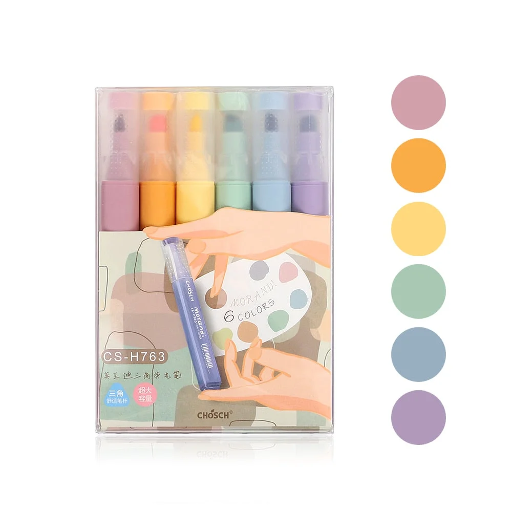 JIANWU 6pcs/set Morandi Color Triangle Highlighter Color High Capacity DIY Mark Pen Student Journal Pens Kawaii School Supplies