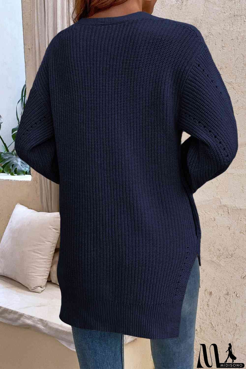 MidiSono - V-Neck Openwork Long Sleeve Cardigan