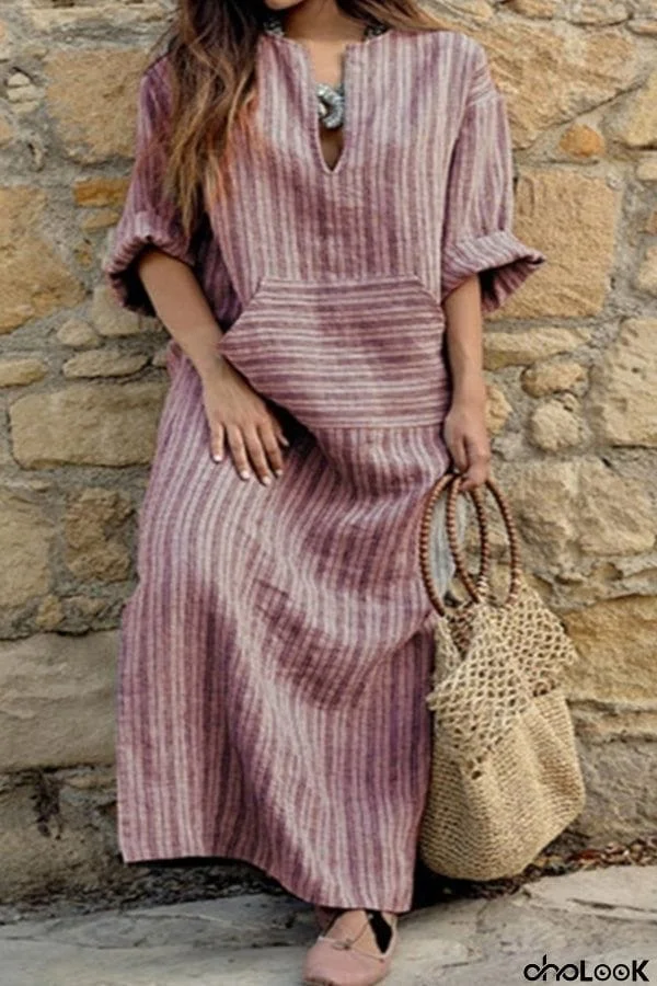 Cotton and linen yarn-dyed striped loose long dress