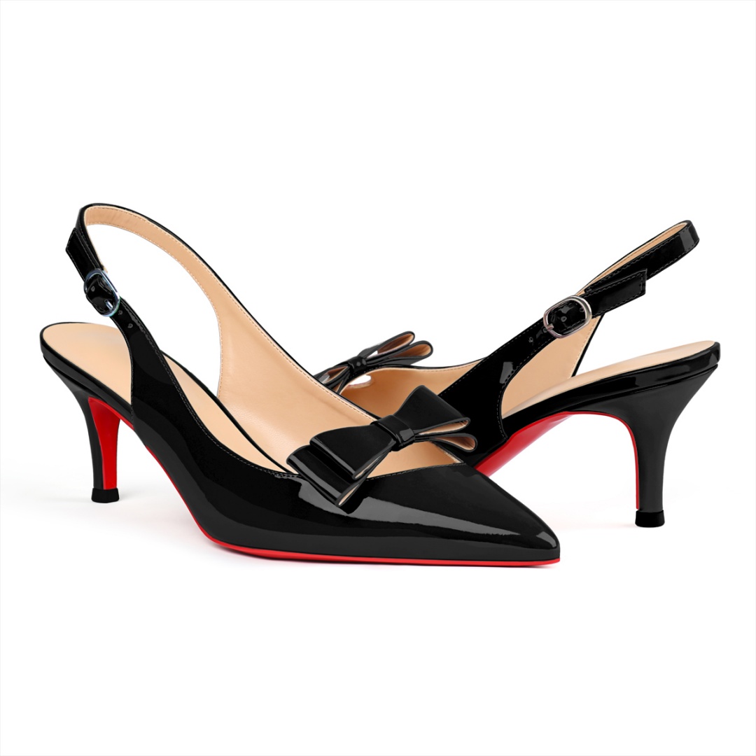 65mm Women's pointed Toe Bowknot Kitten Heel Slingback Pumps Red Bottom Patent Shoes-MERUMOTE