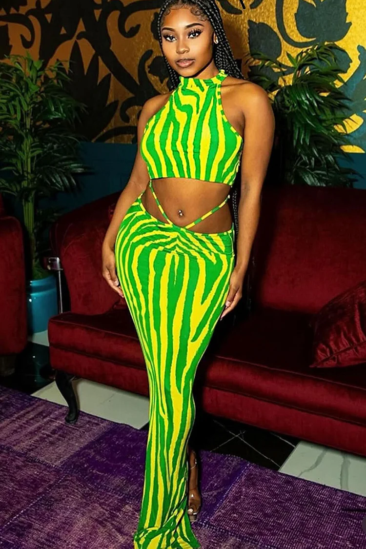 Halter Crop Top Zebra Print Maxi Skirt Vacation 2pcs Set-Green [Pre Order]