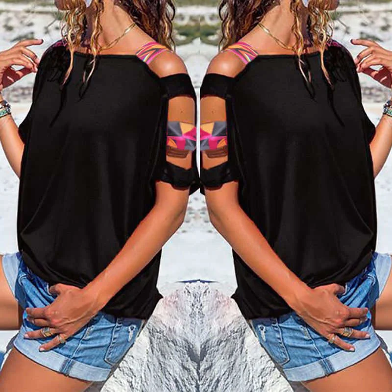 Tunics Hot Sale Women Bare Shoulder T Shirt New Vintage Boho Print Cold Shoulder Loose T-shirt Pure Color Short Sleeve Tees Tops