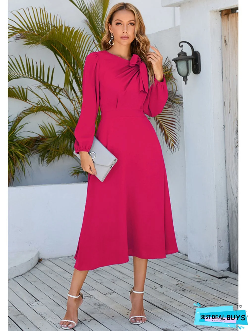 Solid Color Long Sleeve Round Neck Bow Long Skirt