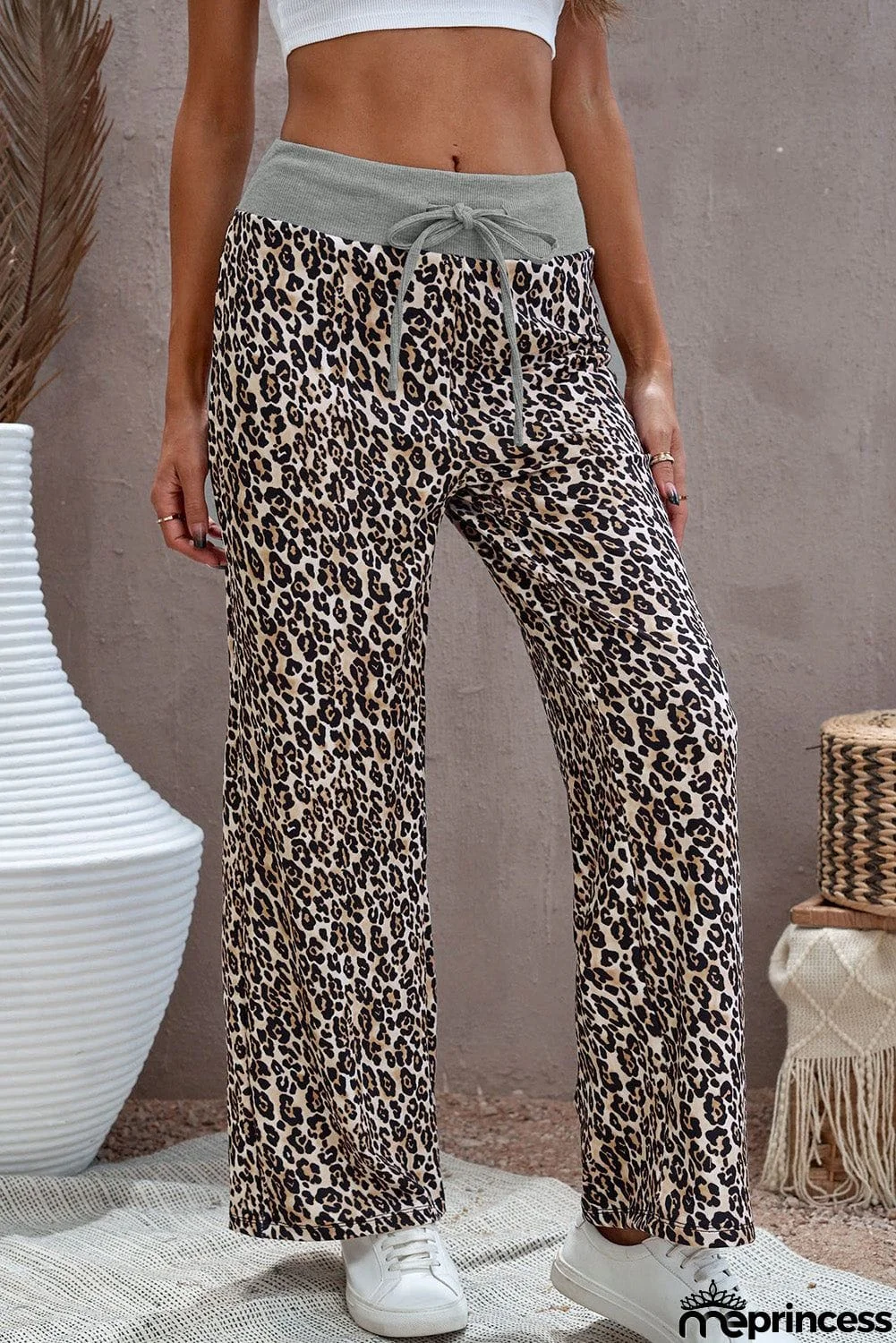 Print Drawstring Waist Wide Leg Pants
