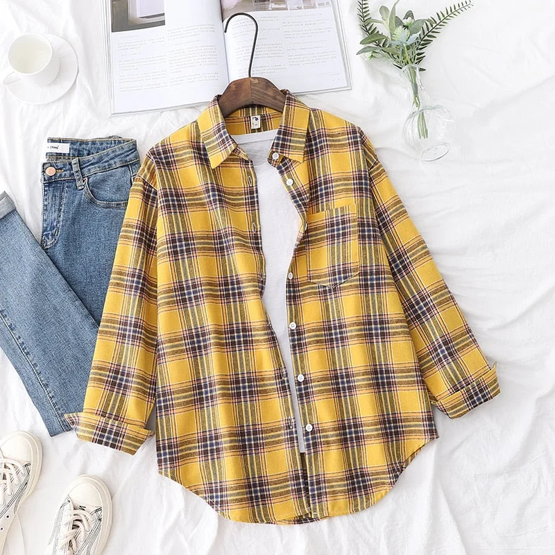 2021 New Fashion Loose Womens Plaid Shirt Fresh College Style Design Blouses And Tops Long Sleeve Casual Female Checked Clothes