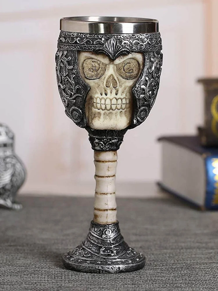 Silver-Toned & Biege Skull Wine Mug
