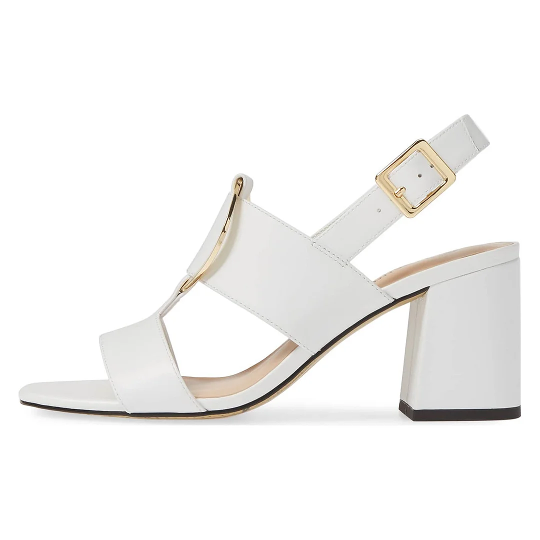 White Open Round Toe Summer Sandals Slingback Heels with Buckle