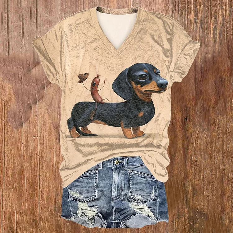 Dachshund Print Crew Neck V-Neck Short Sleeved T-Shirt