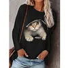 Women&lsquo;s Round Neck Pullover Cat Printed Long Sleeve T-shirt