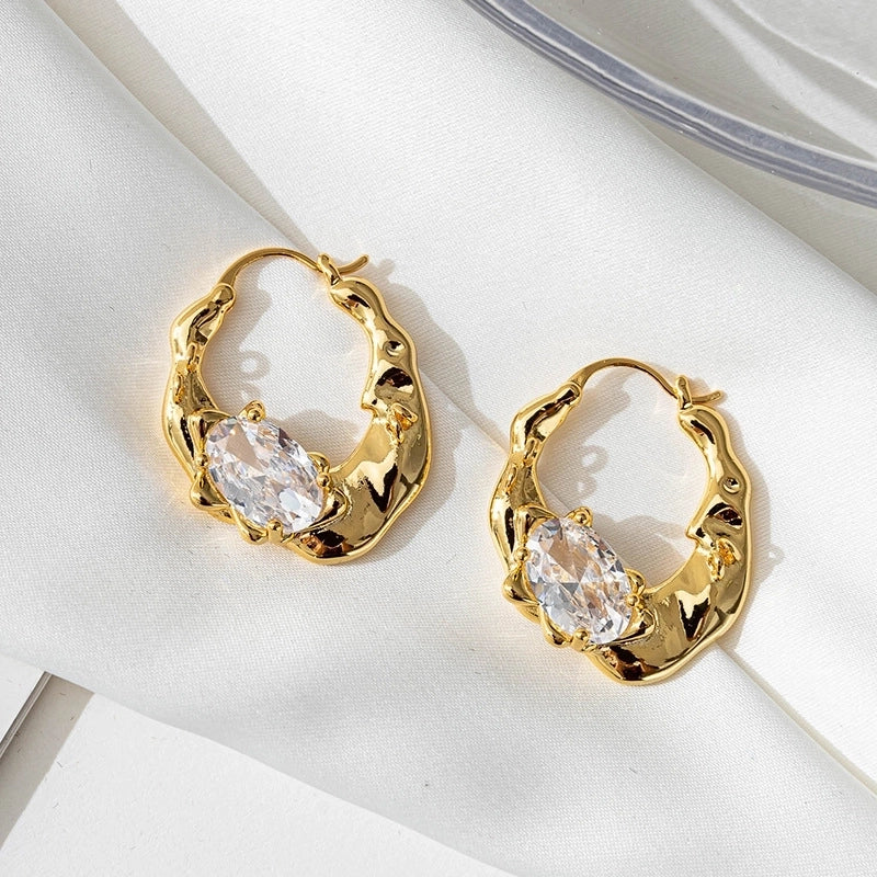 Temperament Zircon Irregular Brass Electroplated Real Gold Ear Buckle Niche High-end Retro French Earrings