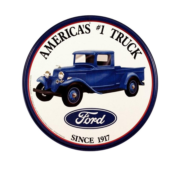 Camion bleu Ford - enseignes en étain de forme ronde/enseignes en bois - 30*30cm