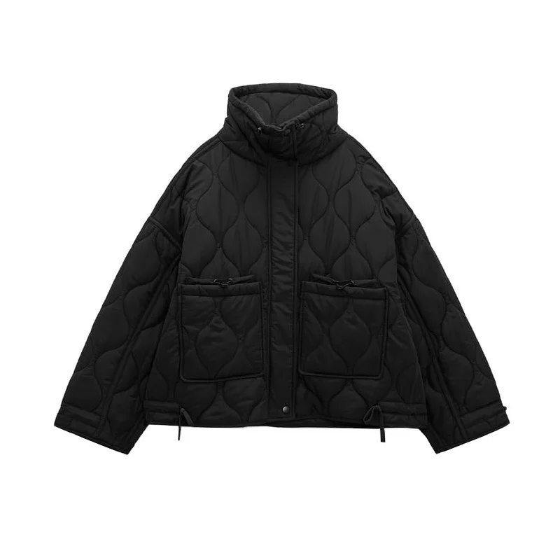 Woherb Woherb Style Women's Pocket Decoration Loose Long Sleeve Standing Collar Diamond Thin Cotton Jacket Jacket Women's Style-Outfit Ideas