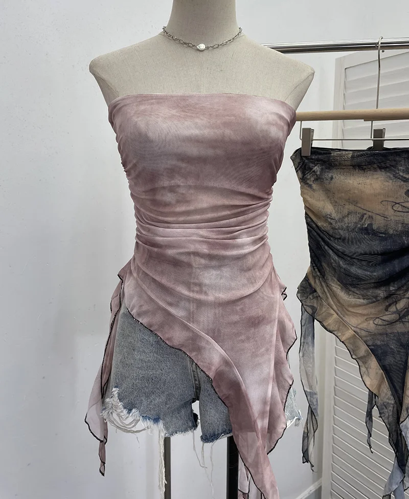 Brownm Real Shooting 2024 Summer New Dyed Printing Mesh Yarn Chest Sleeveless Top Irregular Ribbon Vest 9956