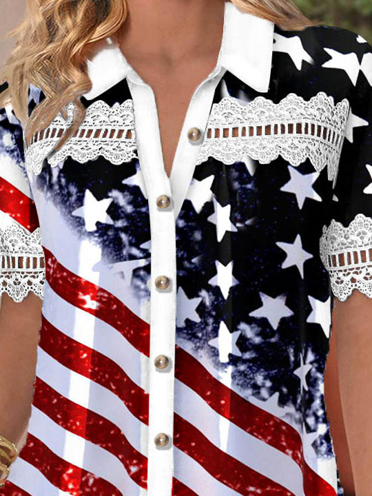 Women Short Sleeve V-neck Striped Star Printed Graphic Lace Hollow Stitching Button Tops