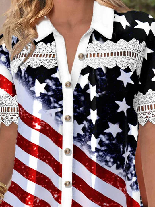 Women Short Sleeve V-neck Striped Star Printed Graphic Lace Hollow Stitching Button Tops