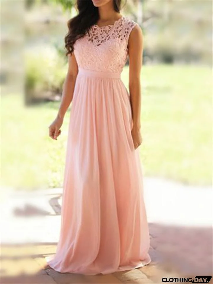 Flattering Fitted Waist Floral Lace Bodice Chiffon Dress for Prom