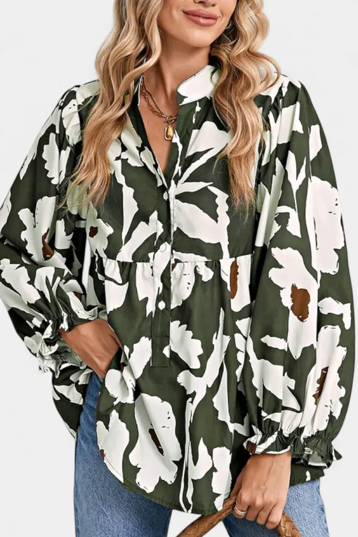 Abstract Floral Puff-Sleeve Blouse with Cinched Waist