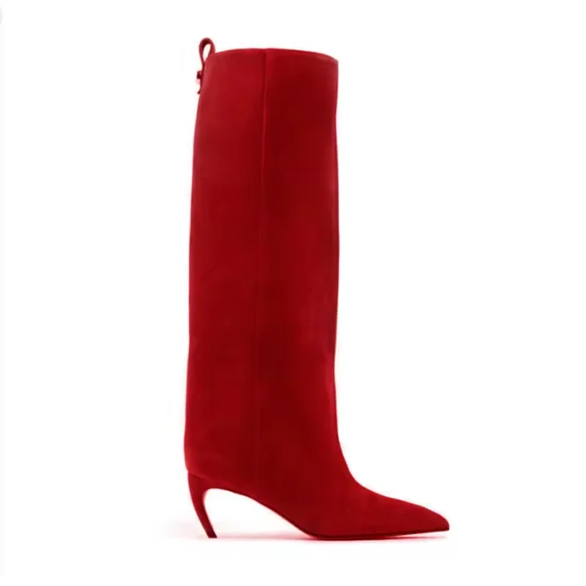 70mm Women's Pointed Toe Stiletto Heel  Red Bottom Knee Boots-MERUMOTE