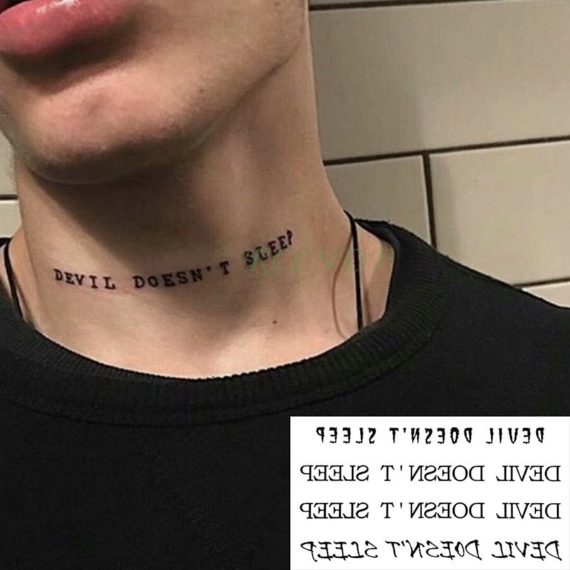 Waterproof Temporary Tattoo Sticker Black Devil Doesn't Sleep English Letters Flash Tatoo Fake Tatto Neck Wrist For Woman Men