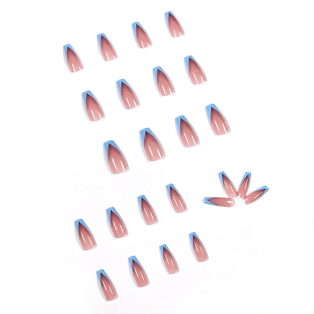 24pcs Light Water Blue French Fake Nails Full cover Fake Nails Glue DIY Manicure Nail Art Tools-Nail Inspo