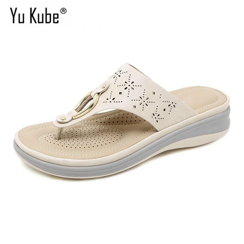 Yu Kube Summer Shoes Woman Sandals Sandalias Mujer 2021 Slides Flip Flops Wedges Shoes For Women Flat Ladies Sandals Plus Size