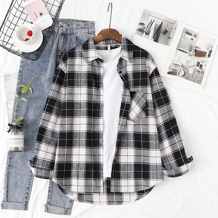 2022 Spring New Plaid Flannel Shirt Women Blouses And Tops Retro Cotton Lady Loose Outwear Chemisier Femme