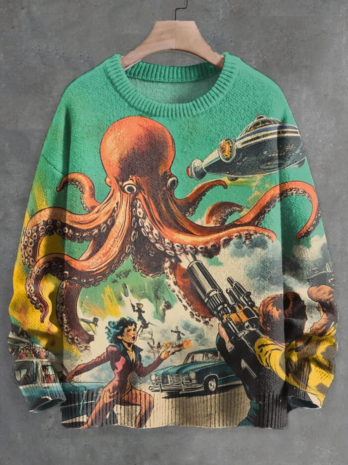 Men's Chaotic Crowd Octopus UFO Print Knit Sweatshirt