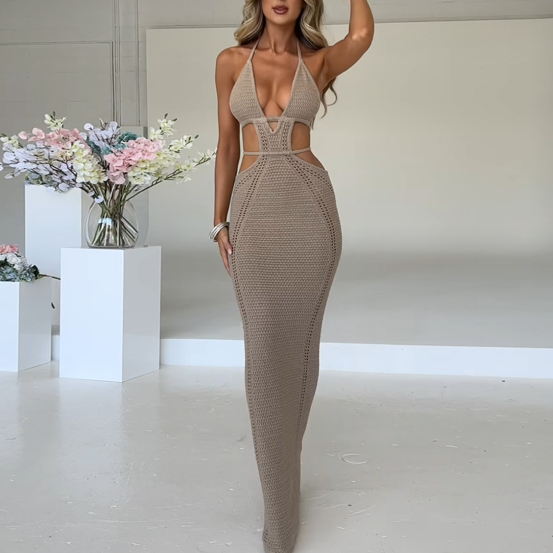 Ootddress Female Knit Lace-Up Maxi dress Backless Slim Fashion Beach Outfits Y2k Dress Hollow Out Bandage Knitwear Party Women Dress